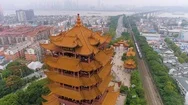 Wuhan, China - May 2, 2017: Day Time Wuhan Cityscape Yellow Crane Temple Aerial Stock Footage