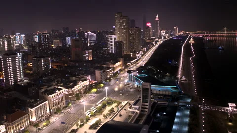 Wuhan empty streets, Yangtze River, coronavirus lockdown, 4K drone night Stock Footage 132305776