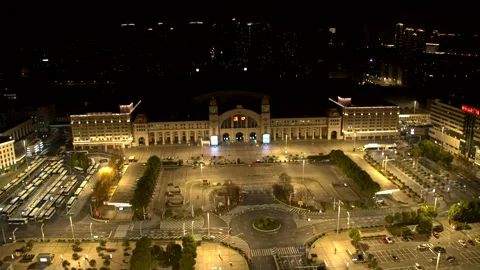 Wuhan lockdown, deserted train station at night, China, 4K drone Stock Footage 131670320