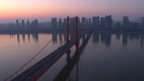 Wuhan sunset, coronavirus lockdown, Bridge over Yangtze, China 4K drone 動画素材 132170158