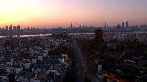 Wuhan sunset, empty streets, COVID19 lockdown, China aerial 4K Stock Footage 132309906