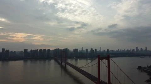 Wuhan Yangtze River Bridge Scenery Aerial Drone View with Grand Architecture Stock Footage 326767149