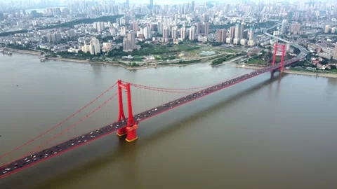 Wuhan Yangtze River Bridge Scenery Aerial Drone View with Grand Architecture Stock Footage 326767346