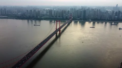 Wuhan Yangtze River Bridge Scenery Aerial Drone View with Grand Architecture Stock Footage 326767752