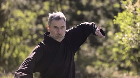 Wushu coach do exercise tai chi in the forest. Smooth hand movements Stock Footage 132462717