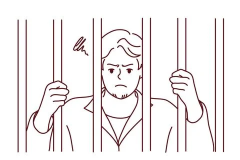 Wütender Verbrecher hinter Gittern im Gefängnis Unhappy man in robe behind. Stockfoto's