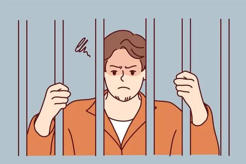 Wütender Verbrecher hinter Gittern im Gefängnis Unhappy man in robe behind. Stock Photos