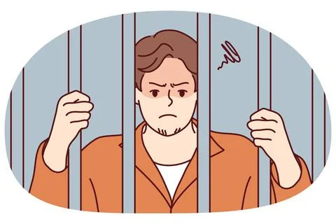 Wütender Verbrecher hinter Gittern im Gefängnis Unhappy man in robe behind. Stock Photos