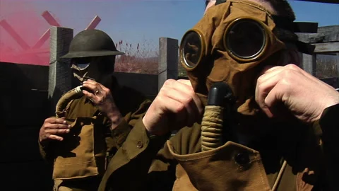 WW1 Re-enactment - Great War Soldier Gass Attack in Front-Line Trenches Stock Footage 148453091
