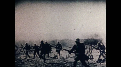 WW1 Soldiers Run Over Battlefield Cavalry Rides Stock Footage
