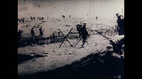WW1 Soldiers Storm Out Of Trench Stock Footage