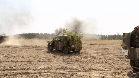 WW2 German Eastern Front half-track and trucks and Soldiers Stock Footage 87441067