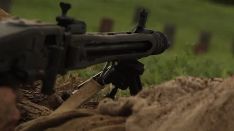 WW2 German Machine Gun FIRES, Front-Line Trenches - Combat Recreation Video stock 204136247