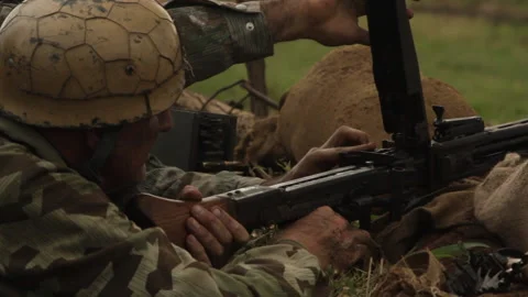 WW2 Germans Load &amp; FIRE MG42 from Front-Line Trench Combat Recreation Stock Footage 204136777
