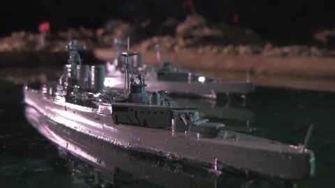WW2 Miniature scale model of US warships &amp; assault landing crafts Stock Footage 85064403
