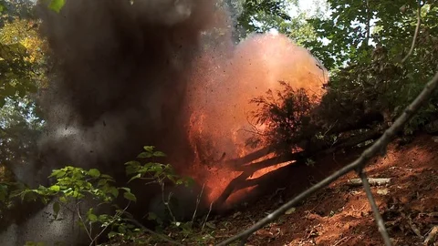 WW2 Recreation - Bunker blown up by thrown Grenade on edge of woods Video stock 81245142