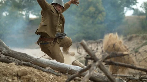 WW2 soldier falling down, slow motion Stock Footage 86535490