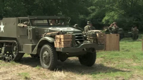 WW2 US Half Track passes close Stock Footage 12397199