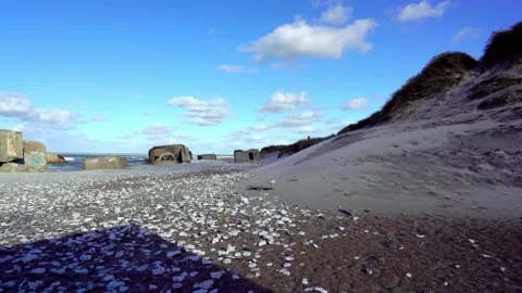 WWII Bunkers on Sandy Beach with Dunes in Nationalpark Thy, Denmark Stock Footage 336008899