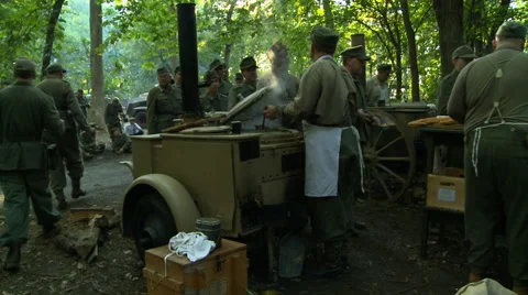 WWII German Field Kitchen serving food to soldiers 2 Video stock 52372856