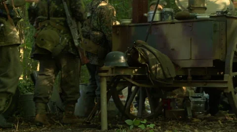 WWII German Field Kitchen serving food to soldiers 5 Stock Footage 52373142