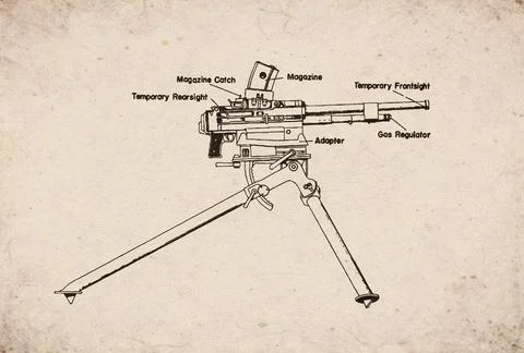 WWII Infantry Machine Gun Technical Drawing Document Stock Illustration