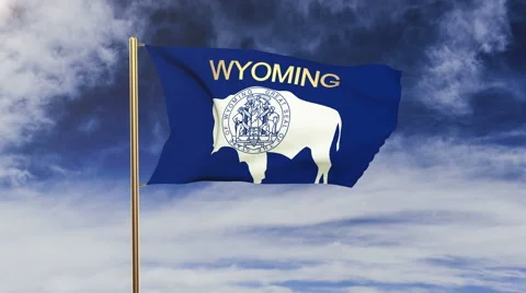 Wyoming flag with title waving in the wind. Looping sun rises style.  Animation Stock Footage 48221234