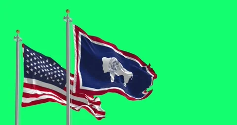 Wyoming state flag and the US flag waving together isolated on green backgrou Video stock 293101100