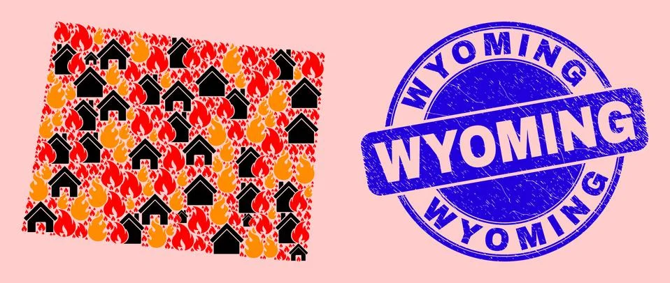 Wyoming State Map Collage of Flame and Properties and Textured Wyoming Seal Ilustração Stock