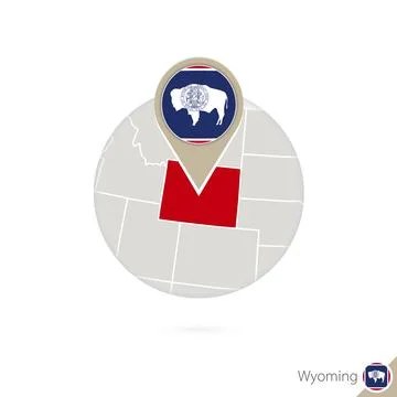 Wyoming US State map and flag in circle. Stock Illustration