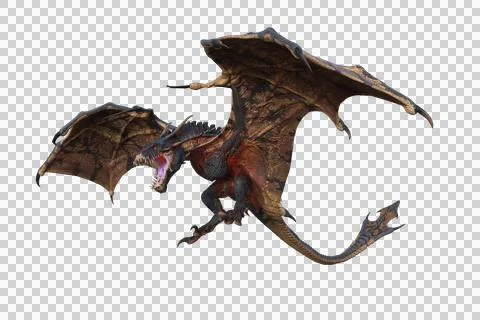 Wyvern or Dragon fantasy creature flying with mouth open to breath fire, 3D i Stock Illustration
