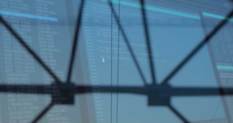 X-braced window frame projecting JavaScript code overlay revealing clear sky, 3D Stock Footage 307430755