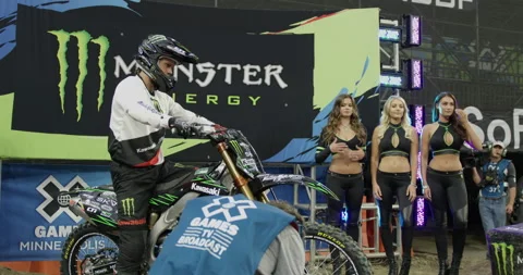 X-Games Camera Man Shooting Broadcast of Motocross Dirt Bike Riders Stock Footage 185406969
