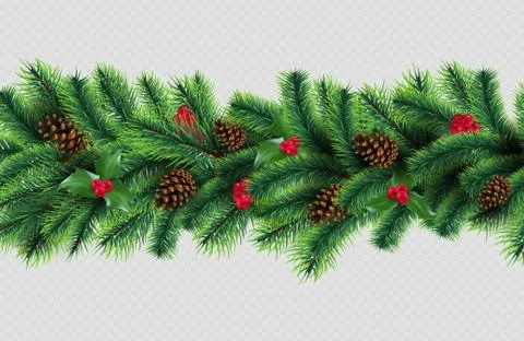 X-mas border. Christmas tree garland with cones and red berries. Vector Stock Illustration