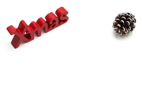 X-mas text and  pine cone on white background Stock Photos