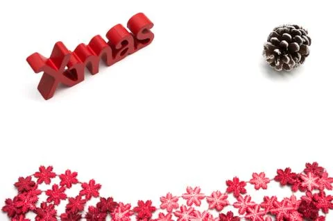 X-mas text and  pine coneon, red snow flower decoration white background Stock Photos