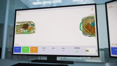 X-ray baggage screening technology has detected skates inside of the sports bag Stock Footage 304696262