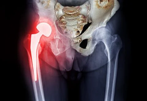 X-ray Both hip  ap view showing Right hip replacement or hip prosthesis mad.. Stock Illustration
