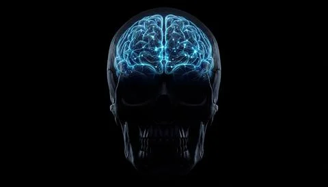 X ray brain inside skull with blue glowing neural network connections. Stock Illustration