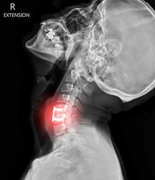 X-ray C-spine or x-ray image of Cervical spine lateral view showing fixed s.. Stock Illustration