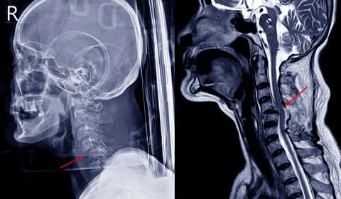 X-ray image and MRI of cervical spine case trauma showing C4,5 bilateral face Stock Photos