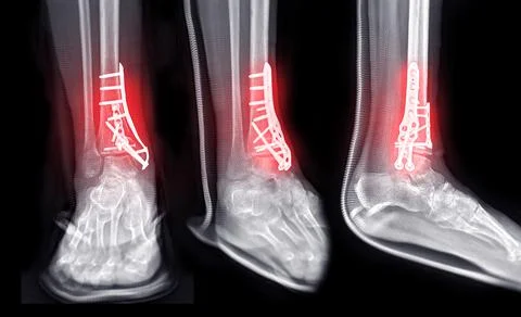 X-ray image of ankle joint showing surgical treatment by internal fixation wi Stock Illustration