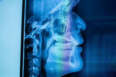 X-ray image of a boy's teeth, Side view of a boy's front x-ray. Stock Photos