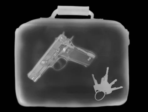 X-ray image showing handbag containing pistol and set of keys Illustrazione stock