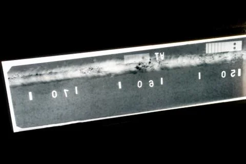 X-ray image of a welded joint of a process pipeline at an oil and chemical pl Stock Photos