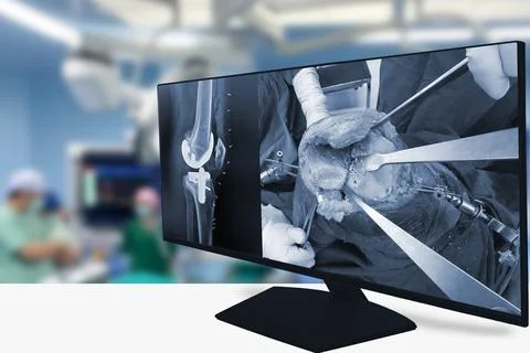 X-ray of the knee, Blurry doctors doing total knee replacement in the opera.. Stock Photos