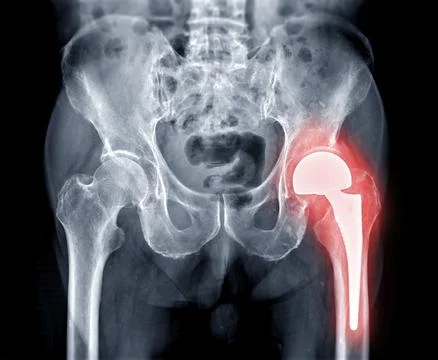X-ray  pelvic bone or  both hip joint after total hip replacement. Stock Illustration