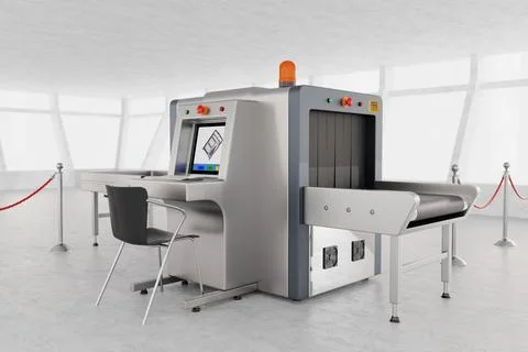 X-ray Security Baggage Scanner in Airport Terminal Interior. 3d Rendering Illustrazione stock