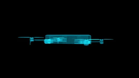 X-Ray View of a Blue Drone Hologram Against a Black Background in Flight Stock Footage 344711391
