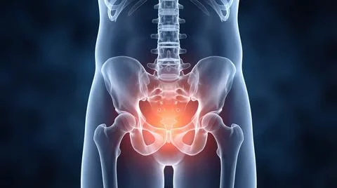 X ray view of pelvis and hip area showing inflammation or injury in central.. Stock Illustration